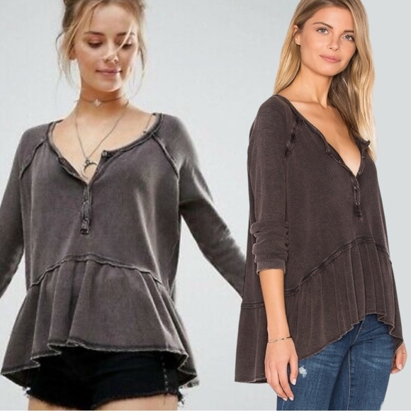 Free People Grunge Henley Thermal Ruffle Peplum Tee Washed Dark Brown Raw Hems M - Picture 4 of 13